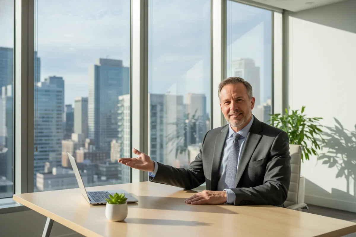 A middle-aged man in business attire sits at a tidy office desk, gesturing toward a spotless workspace. The background features large windows with city views, and the man’s confident, friendly demeanor suggests satisfaction with the cleaning service.