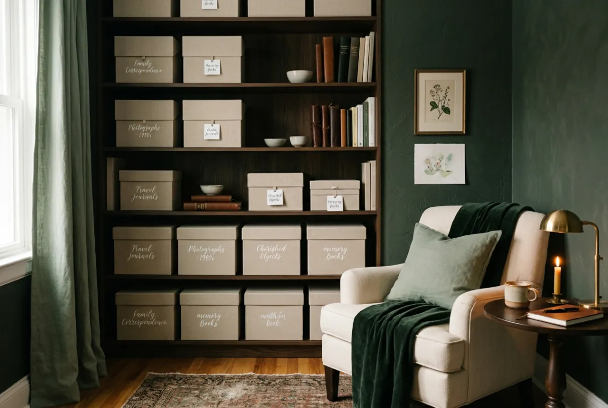 Elegantly organized luxury residence with archival storage and soft seating