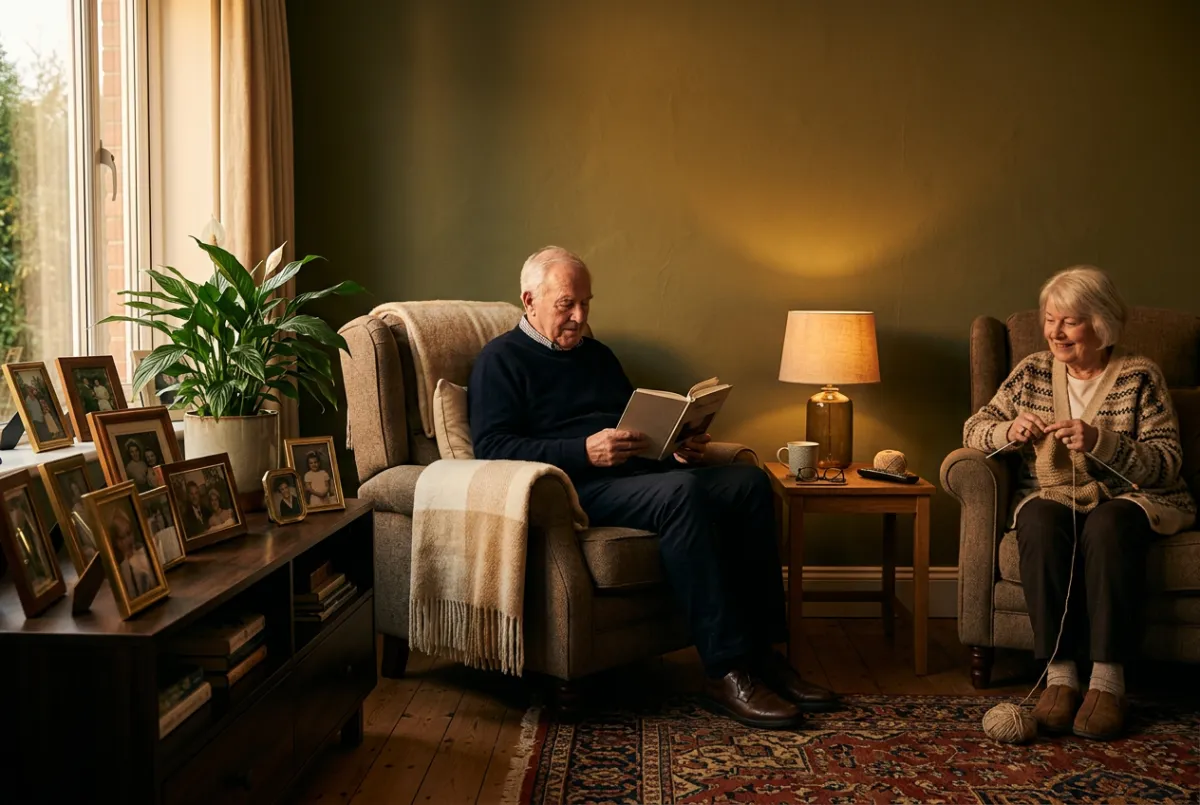 Warm living room with curated art and gentle ambient light for aging parents