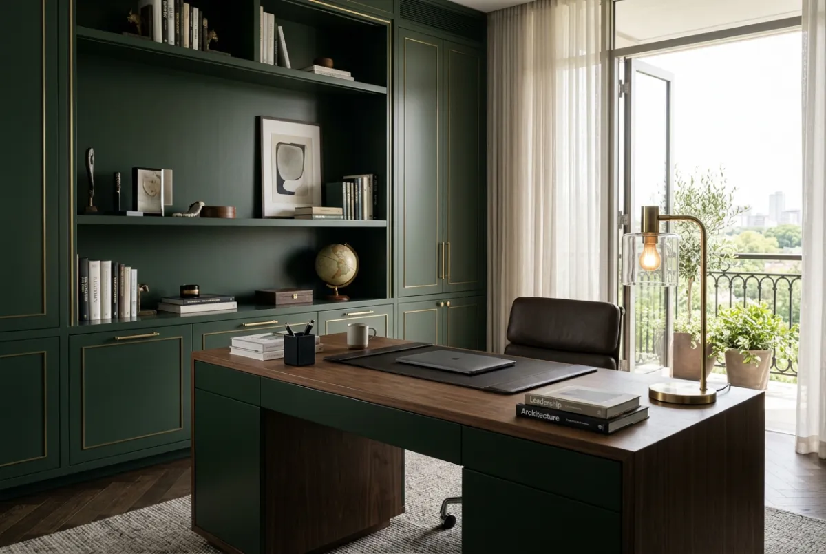 Refined executive study with private balcony and bespoke architectural cabinetry