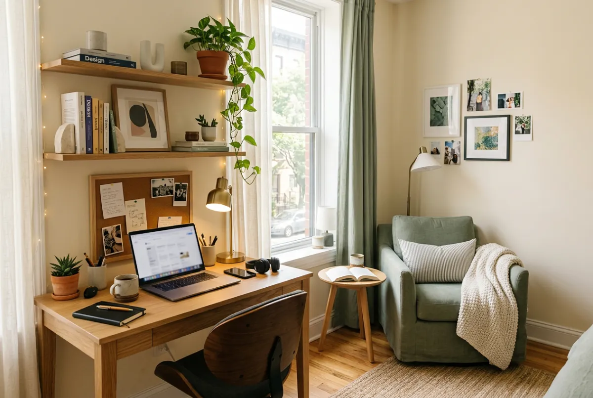 Modern minimalist university apartment interior with natural wood and bespoke study desk