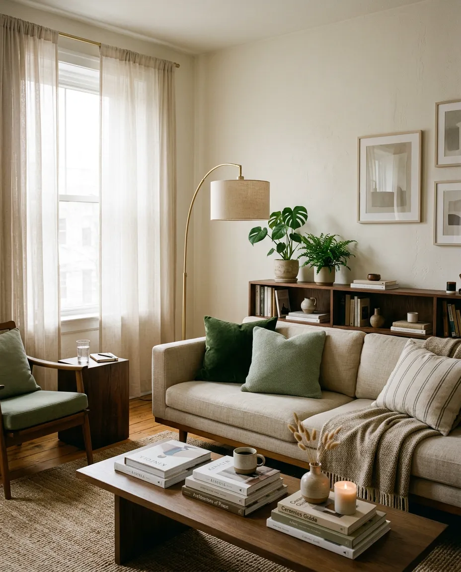 Serene and refined luxury apartment living space with peaceful natural lighting and elegant furnishings