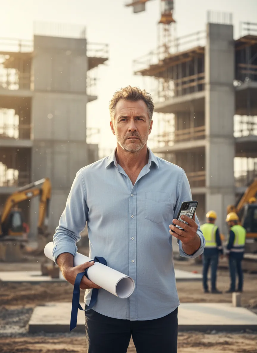 Stressed homeowner managing chaotic construction