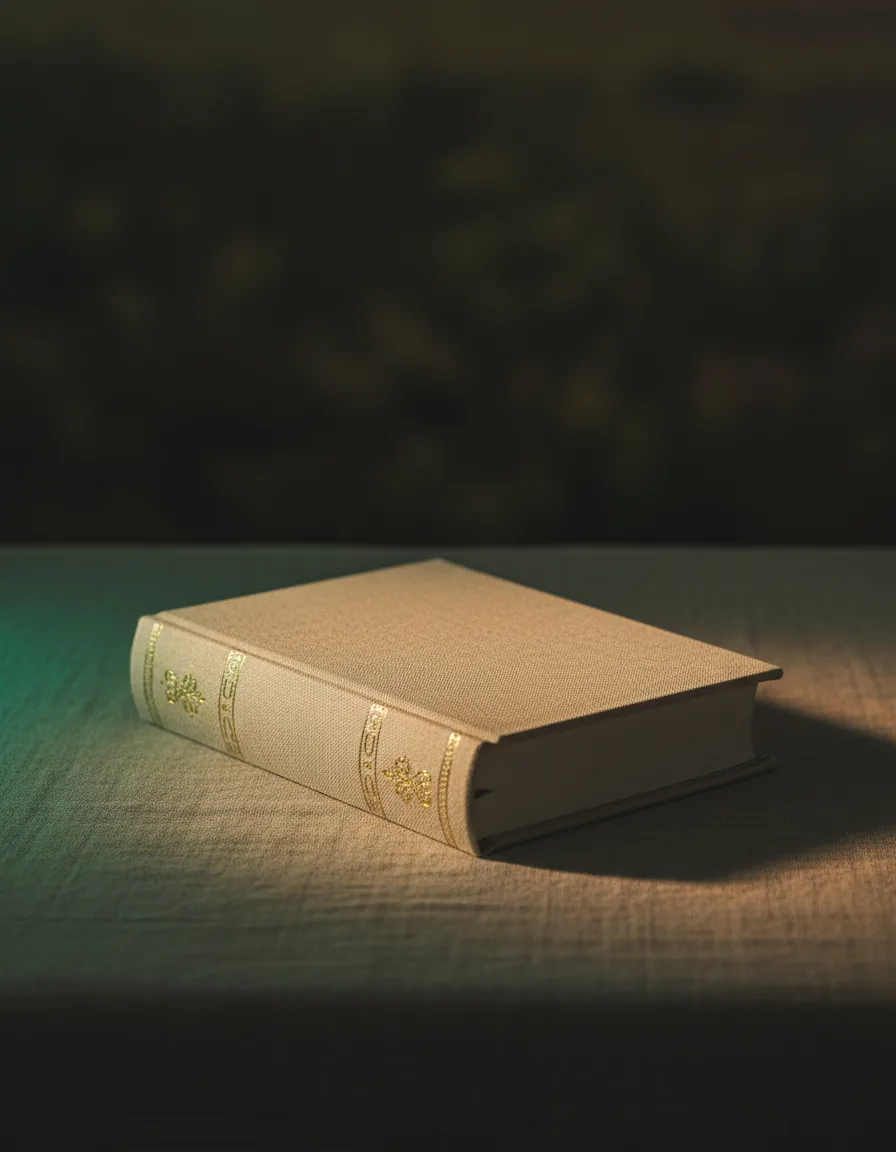 Tactile linen devotional book mockup soft gold lighting