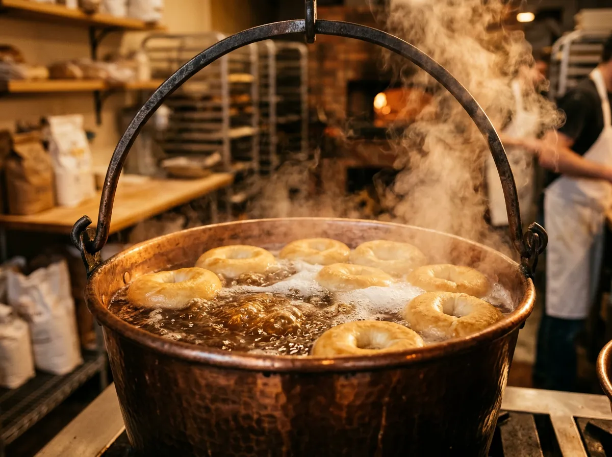 Bubbling copper kettle filled with barley malt water as raw bagels are boiled
