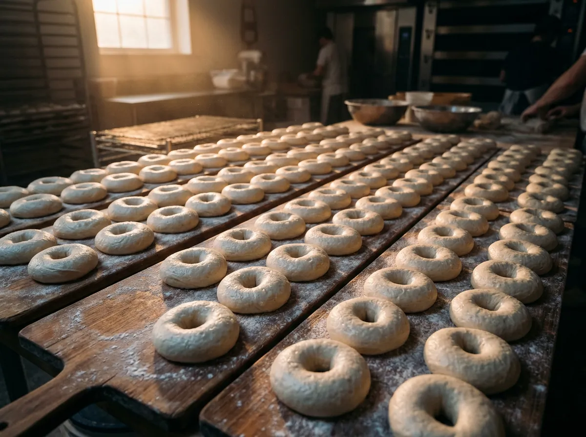 Artisan bagel dough curing slowly on flour-dusted wooden boards in cool storage
