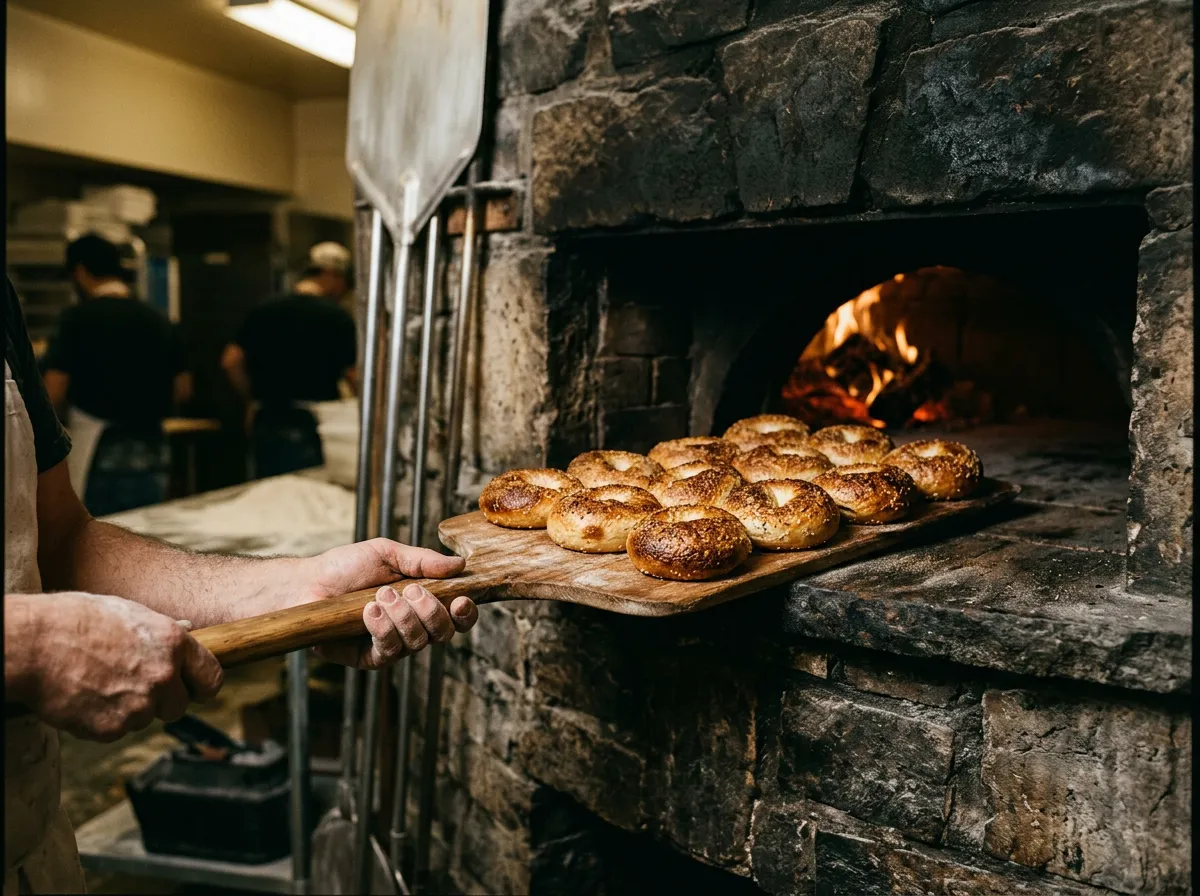 Baker sliding wet burlap cedar boards into stone deck oven for traditional hearth bake