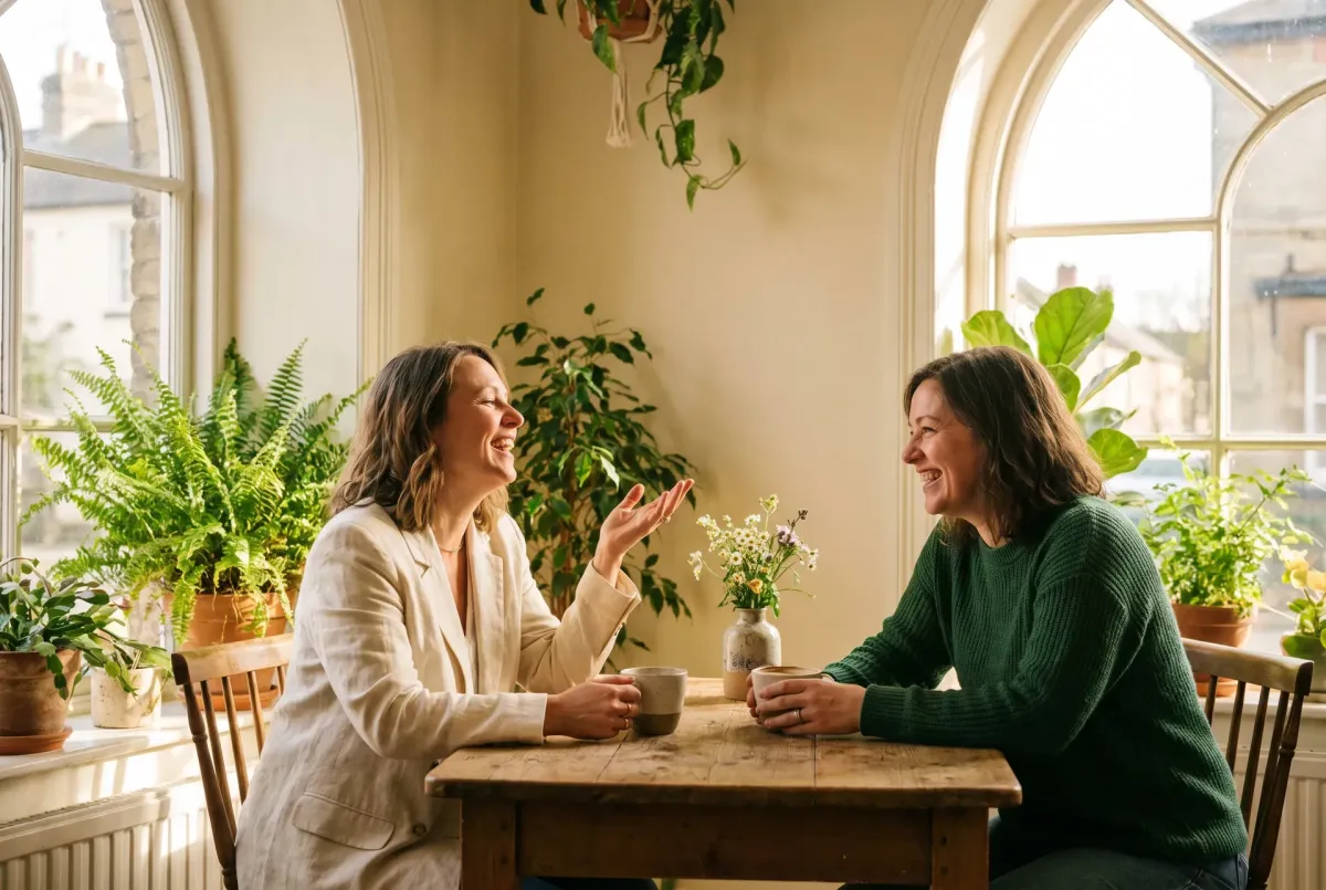 Two women having an animated conversation at a sunlit cafe
