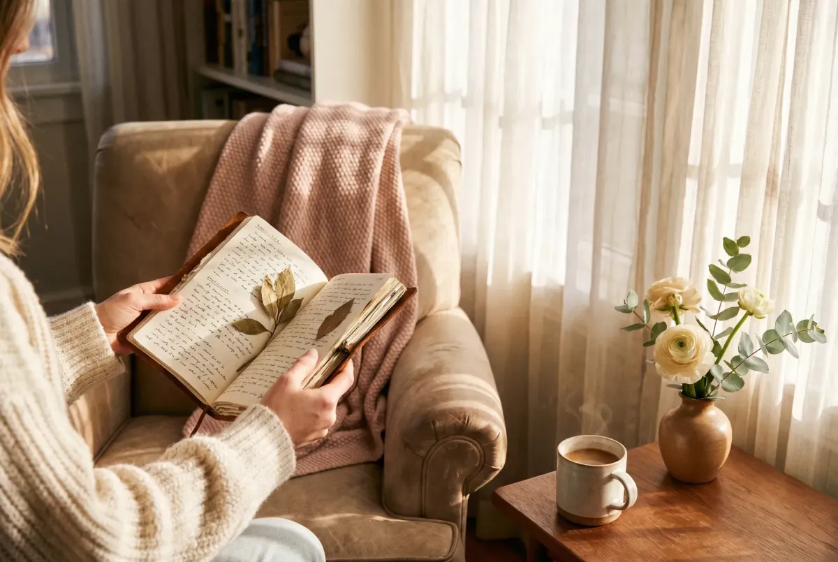 Woman reading a journal in a cozy sunlit reading nook