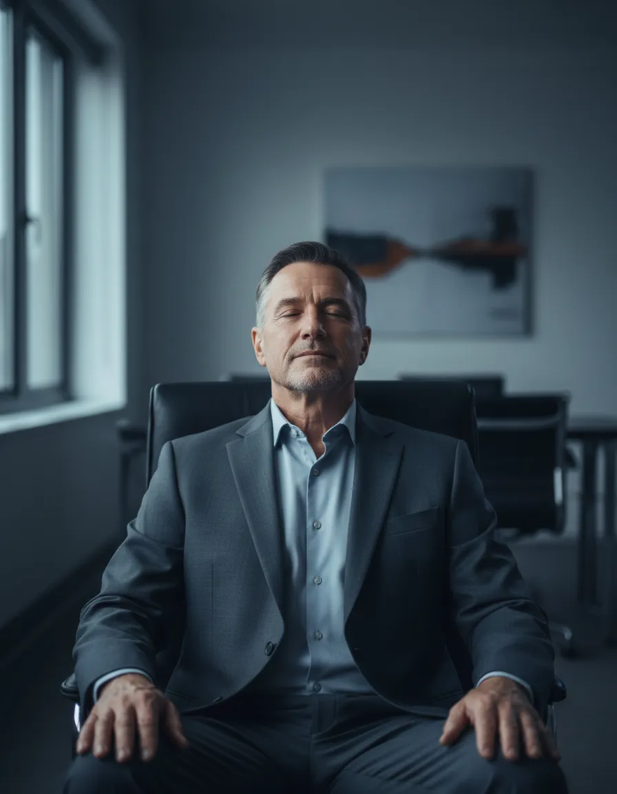 Mature executive experiencing calm and nervous system regulation