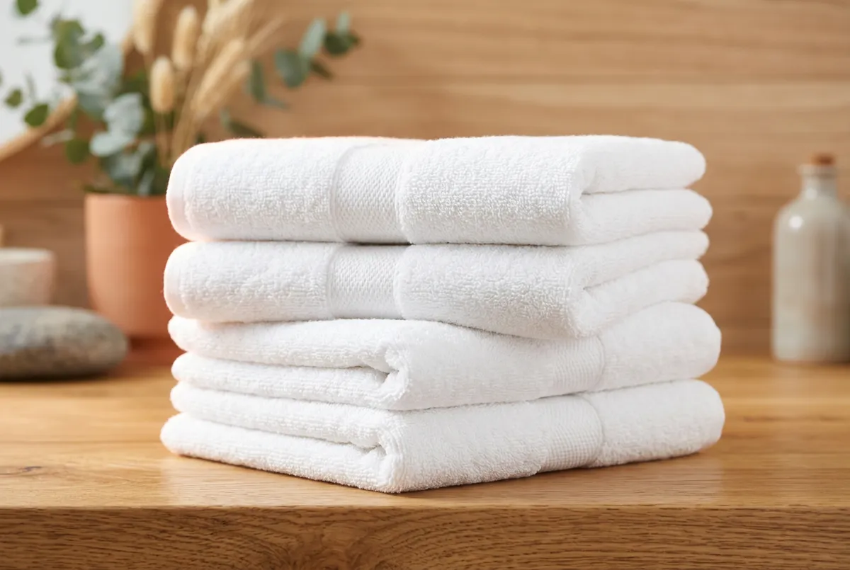 Folded white towels representing home cleaning services