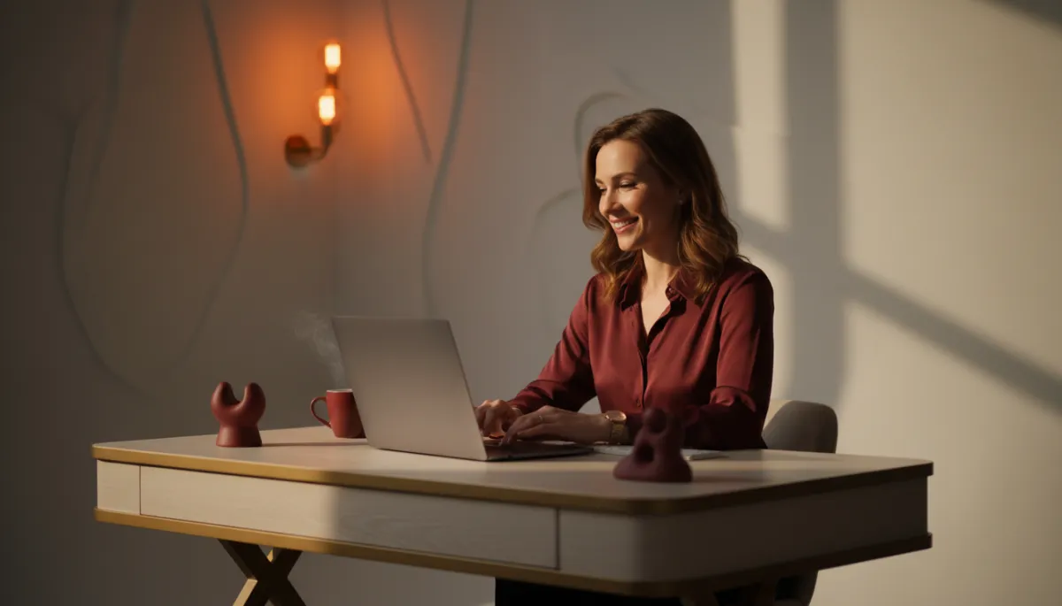 A working mother looking energized and joyful at her laptop during golden hour