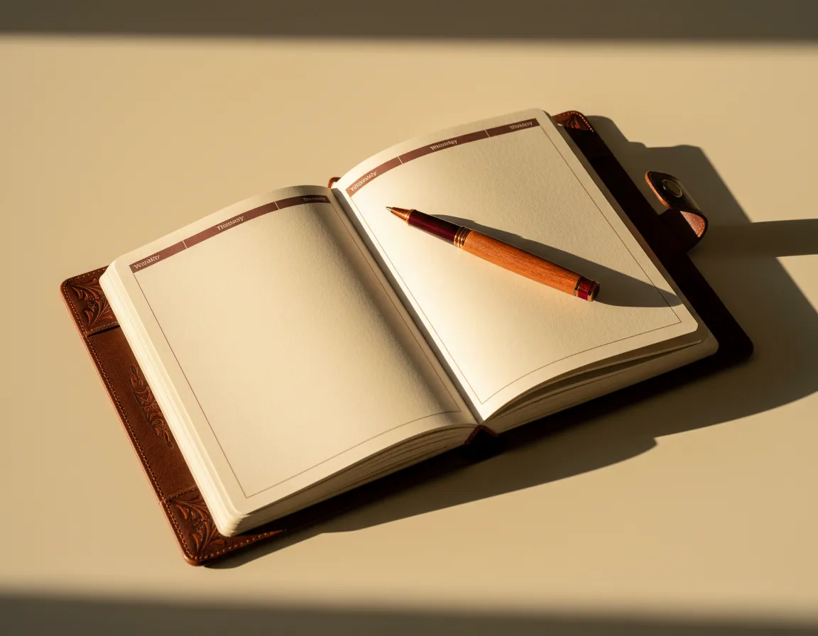 A glowing planner open on a desk