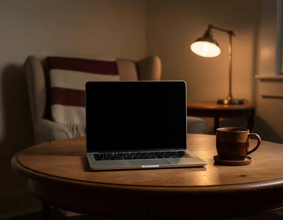A late-night coffee mug next to a laptop