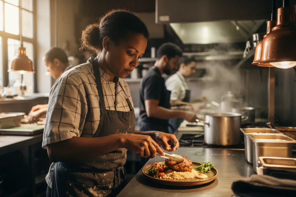 Candid Black baker decorating a layered cake in a home-style bakery.