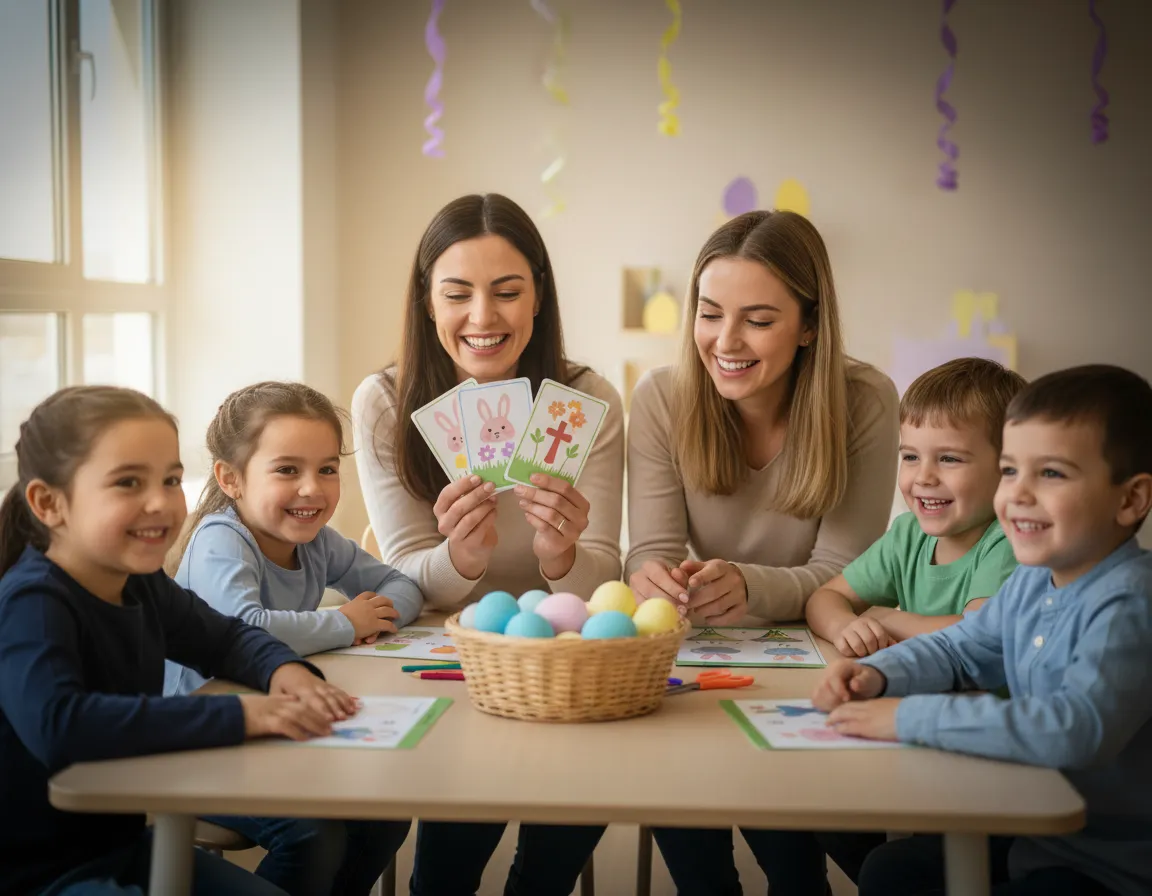 Profesora de español trabajando con niños pequeños en actividades de Pascua
