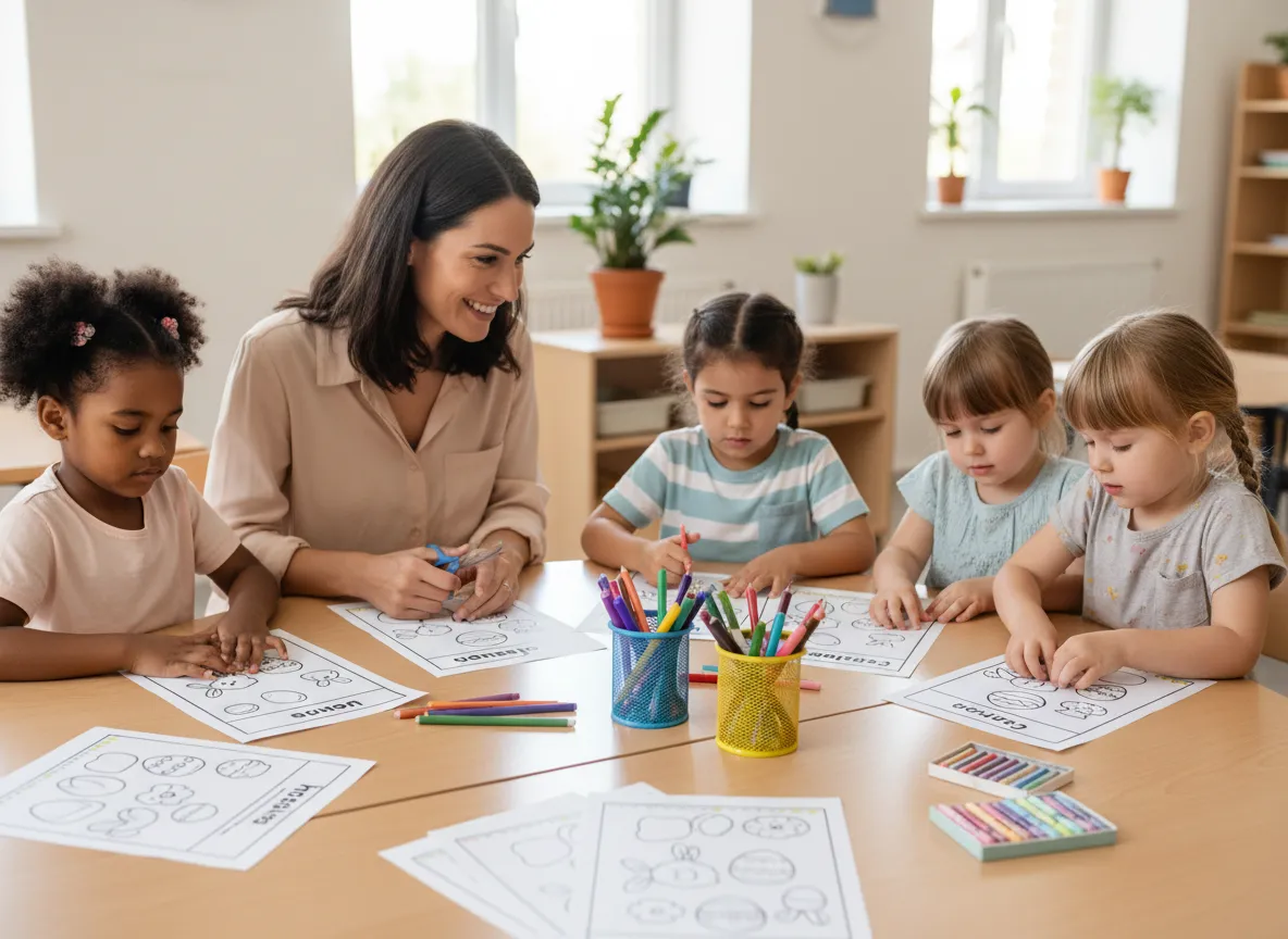 Teacher and children using Easter-themed Spanish worksheets at a table