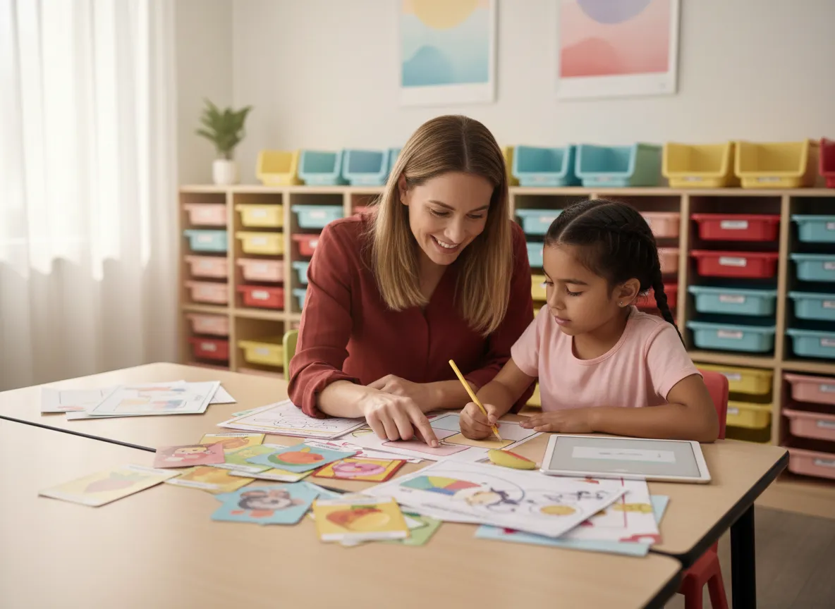 Teacher working with a child using ready-made Spanish materials in a calm, organized classroom.