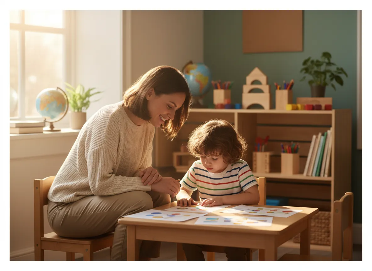 Teacher working with a child using printed worksheets in a classroom