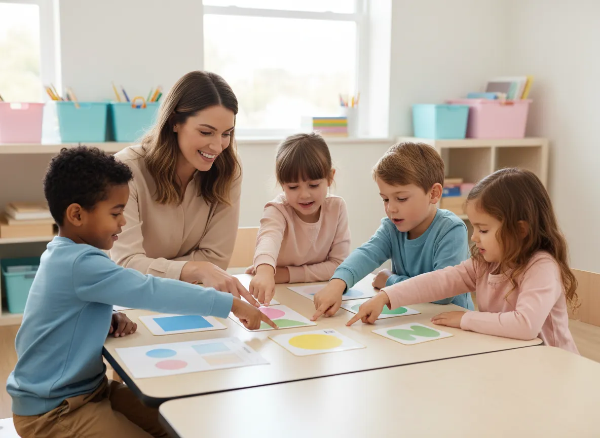 Niños aprendiendo colores en español con tarjetas y actividades