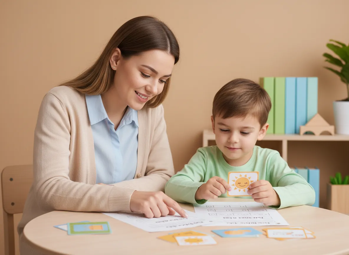 Teacher with child reviewing calm classroom materials