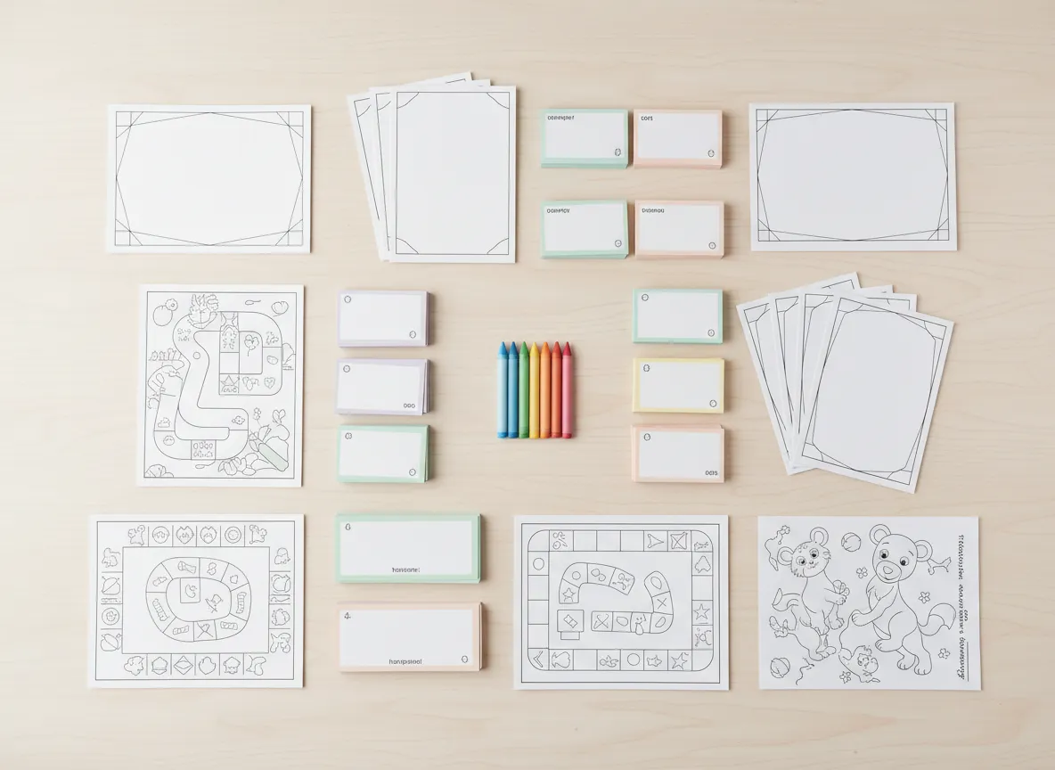 Flat-lay of worksheets, flashcards, coloring pages and crayons on a clean desk