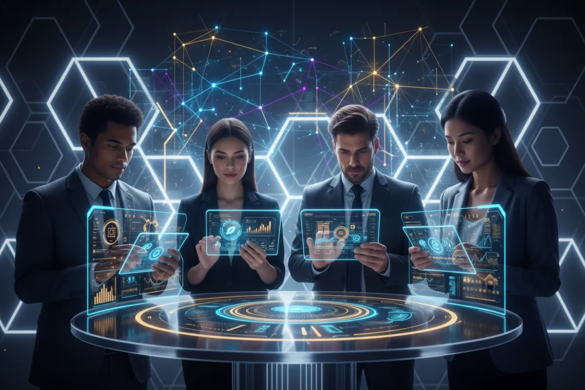 Transparent dashboard showing win/loss stats, blue/gold UI, user reviewing data on tablet