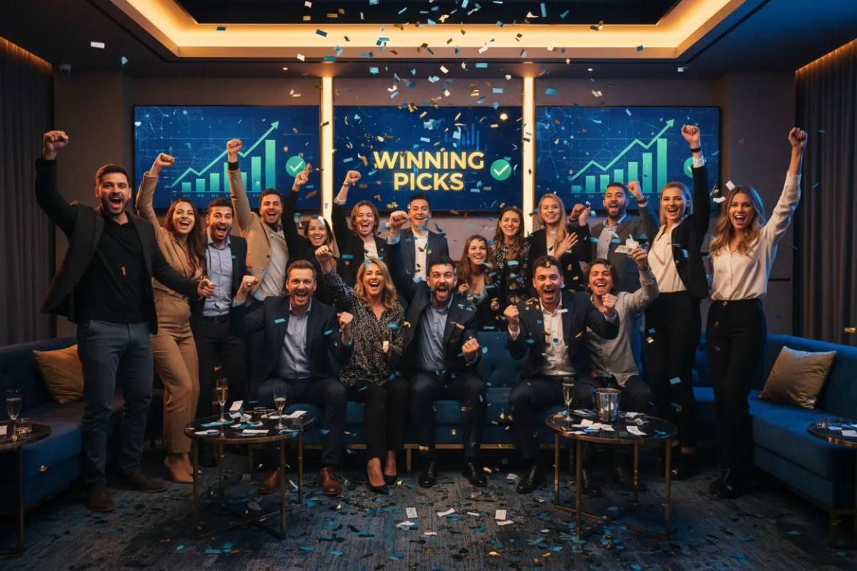 A diverse group of bettors celebrating a win in a modern lounge, blue and gold confetti in the air, digital screens in the background showing successful picks.