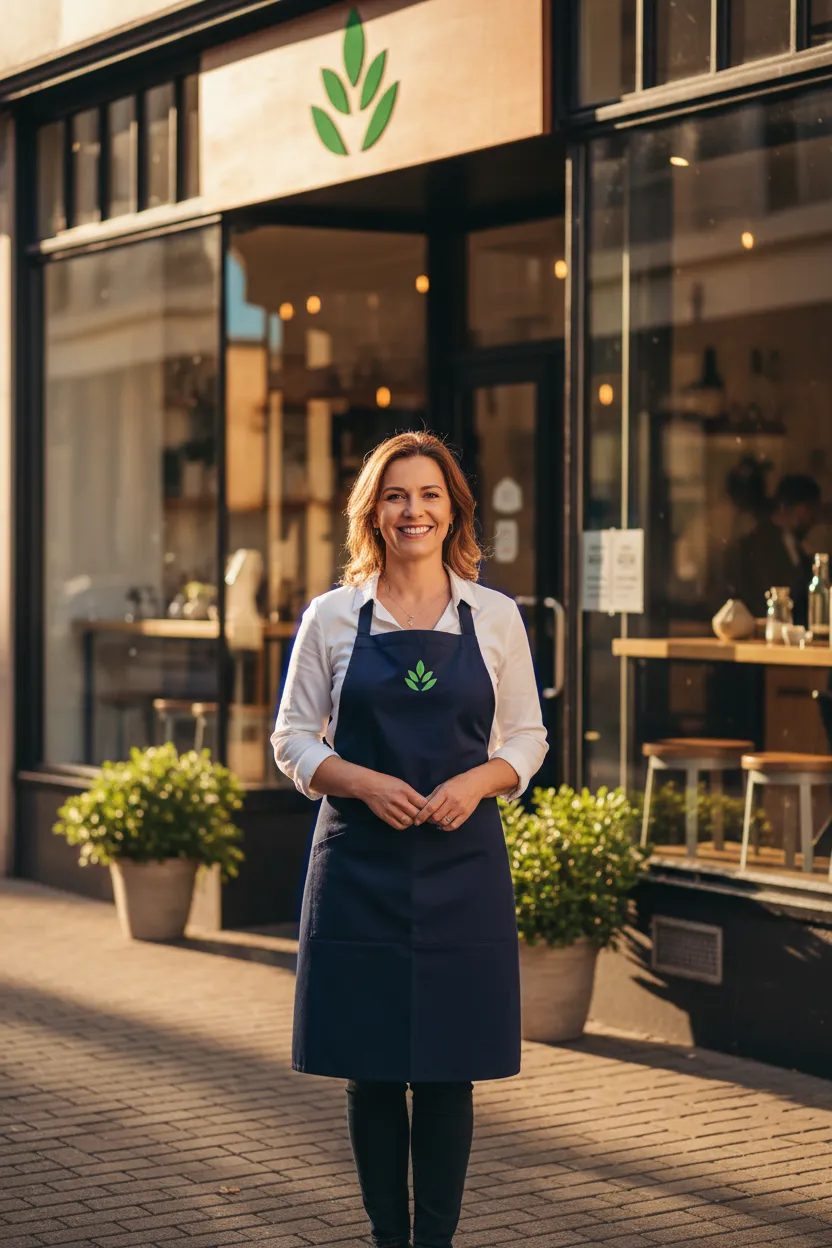 Local business owner smiling confidently in front of their storefront