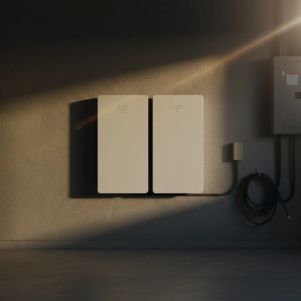 Cinematic square image of a Tesla residential solar battery storage system mounted on a garage wall
