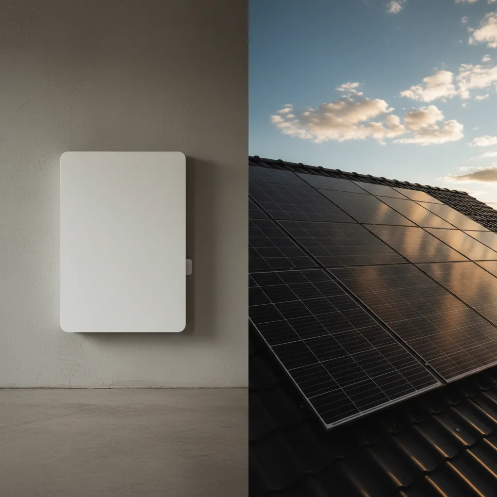Split-screen photorealistic image: left - Tesla residential battery mounted on a garage interior wall; right - roof-mounted solar panels on a roof under warm cinematic sky; no people, no logos, shallow depth of field