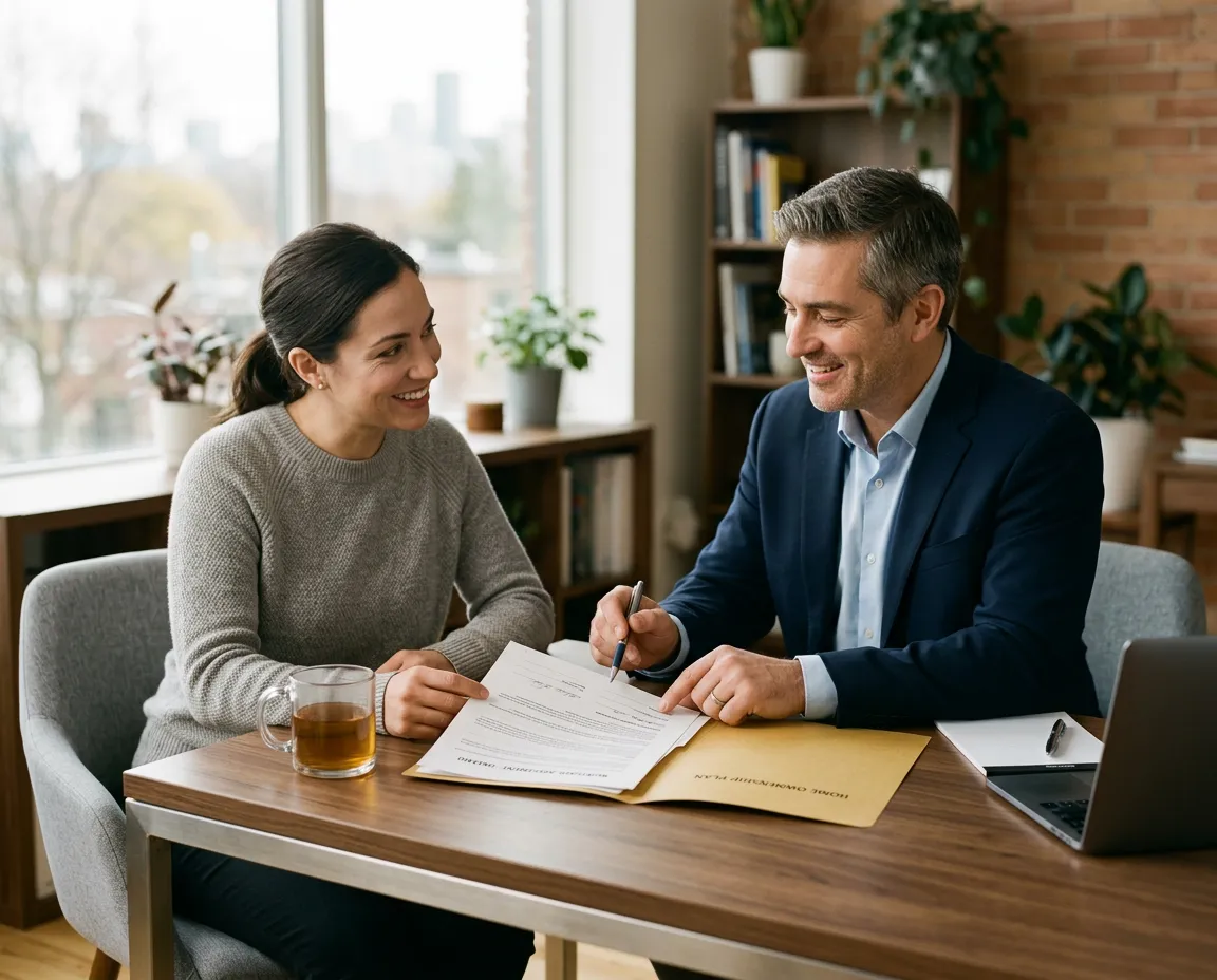 Ontario homeowner reviewing financial documentation comfortably with trusted mortgage specialist