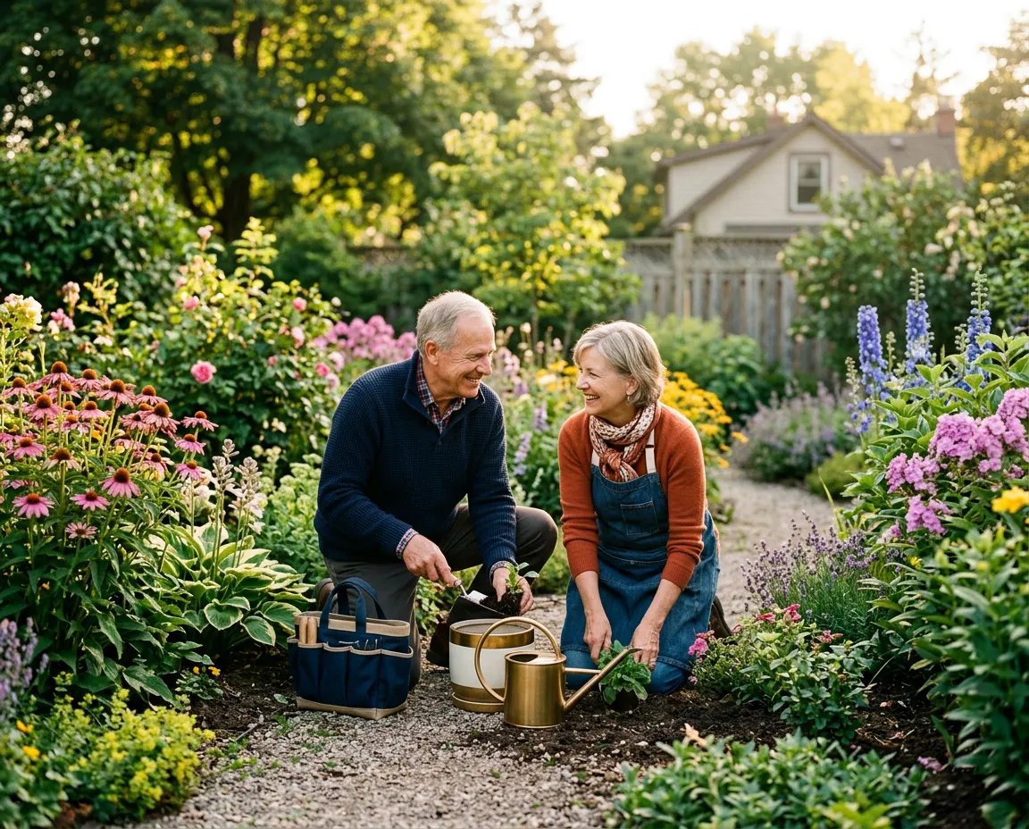 Active senior couple in Ontario enjoying gardening and leisure time in their backyard