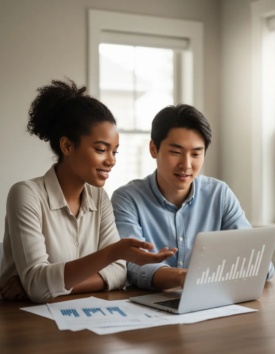 Young couple reviewing retirement plan together