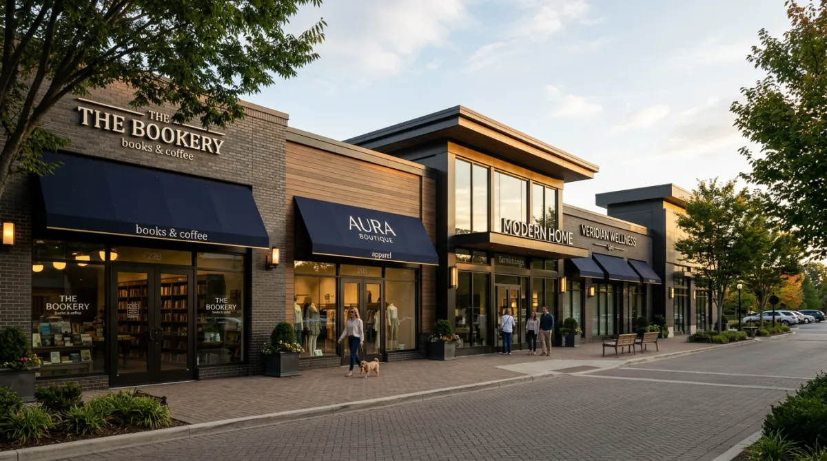Sleek retail storefronts in a suburban commercial district