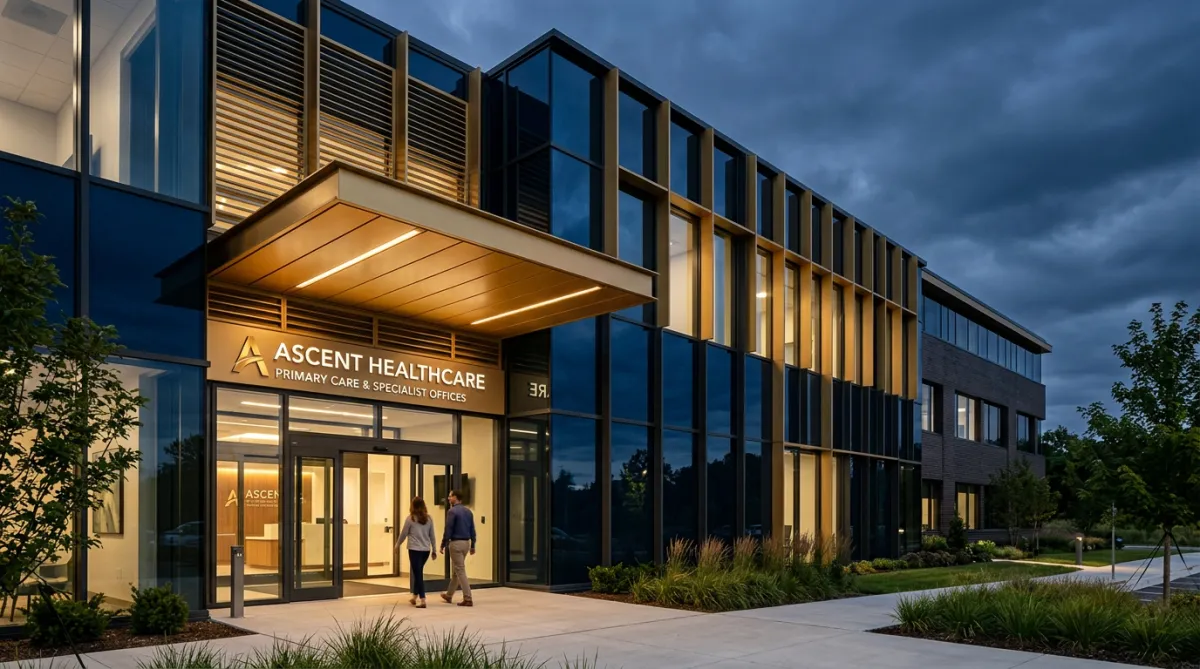 Contemporary glass exterior of private healthcare clinic and medical offices