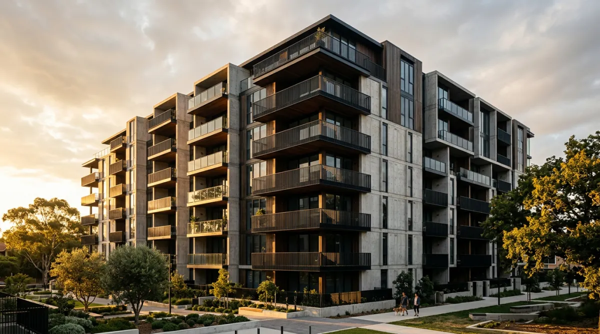 Clean architectural lines of modern multi-story apartment complex