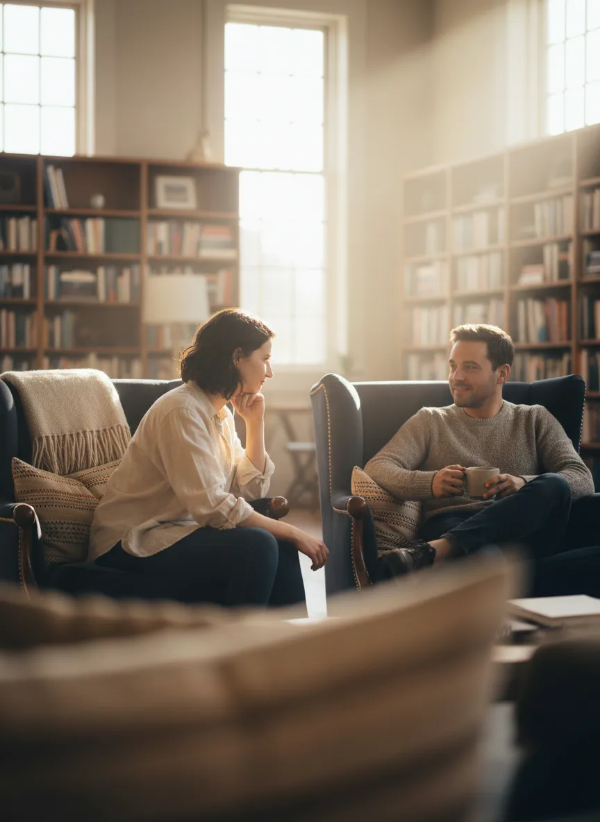 A warm, candid photo of a small group of people in a relaxed conversation, reflecting the non-intimidating and inviting atmosphere of the reading circle.