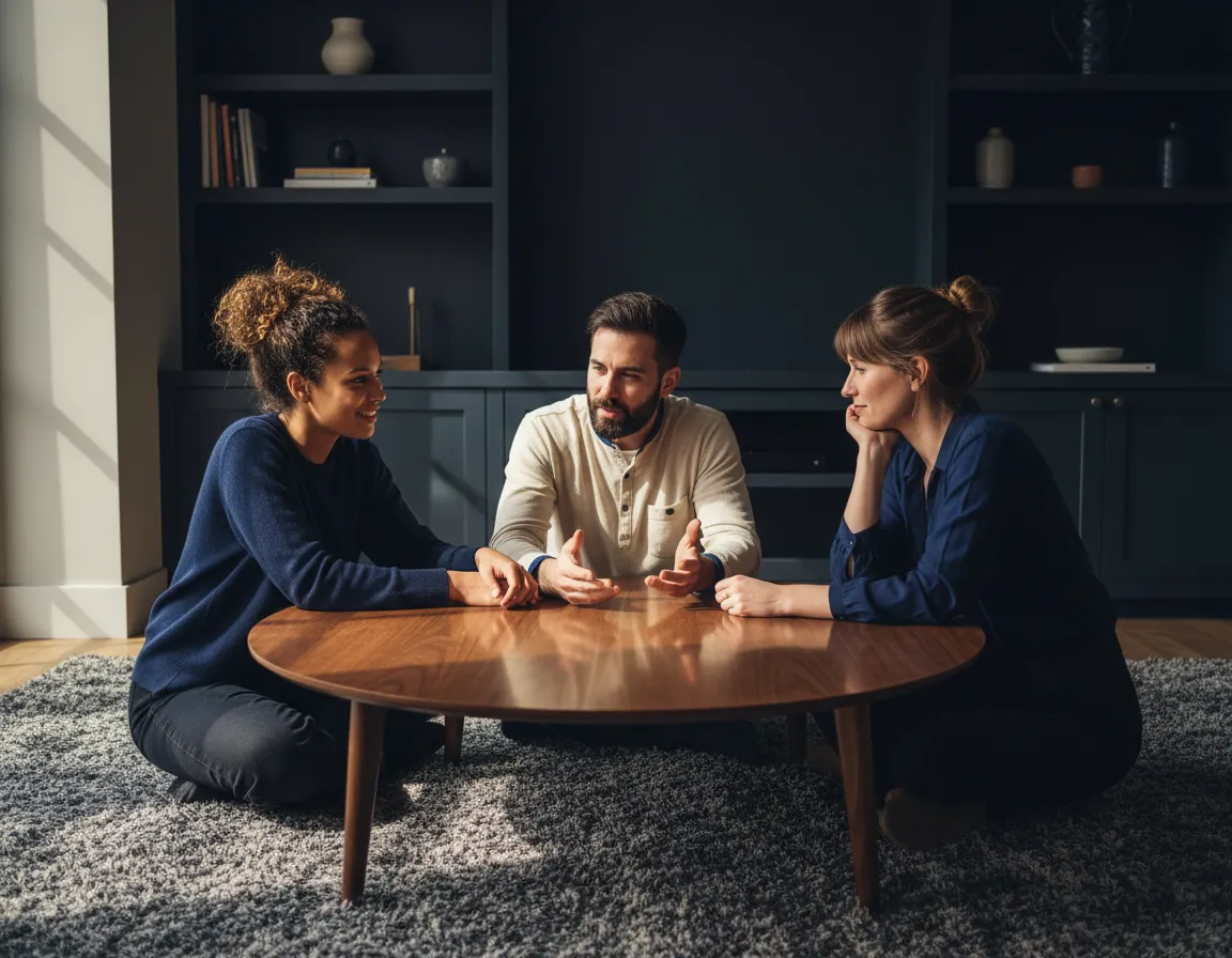 A small group engaged in thoughtful conversation
