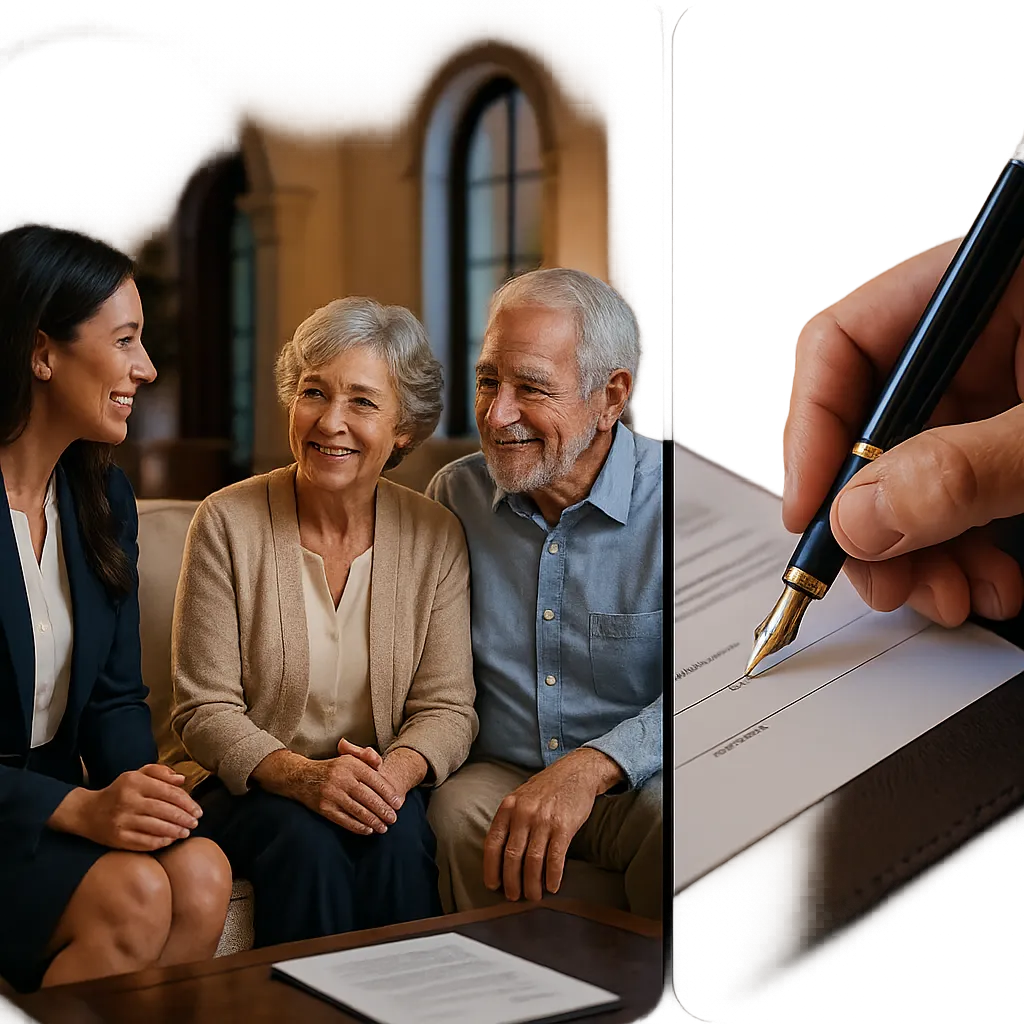 Composite image showing a compassionate estate planning meeting and trust document signing