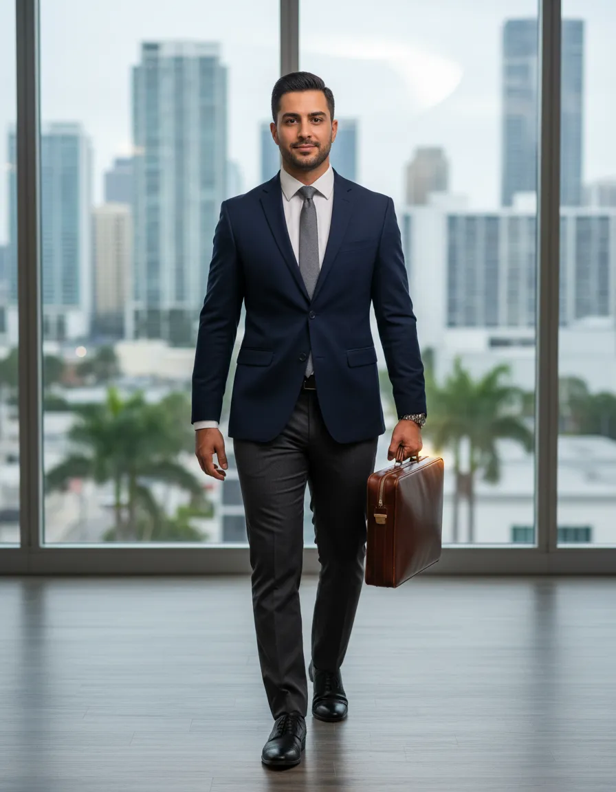 Professional mobile notary from Blue Ink Signing Solutions arriving at a Miami Brickell office