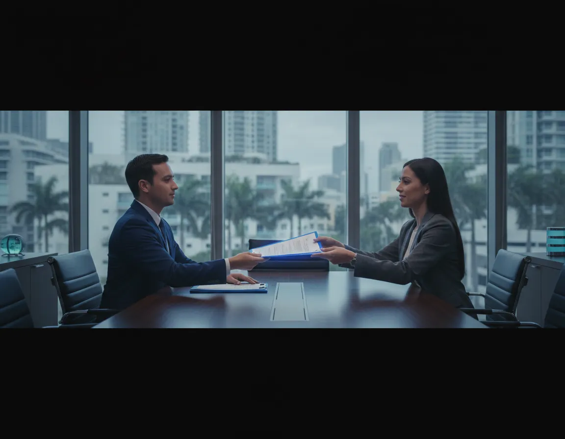 Professional loan signing agent operating within a Miami title company office
