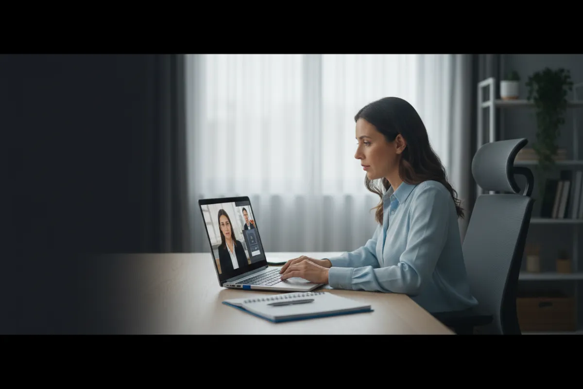 Person completing an online notarization via laptop video call