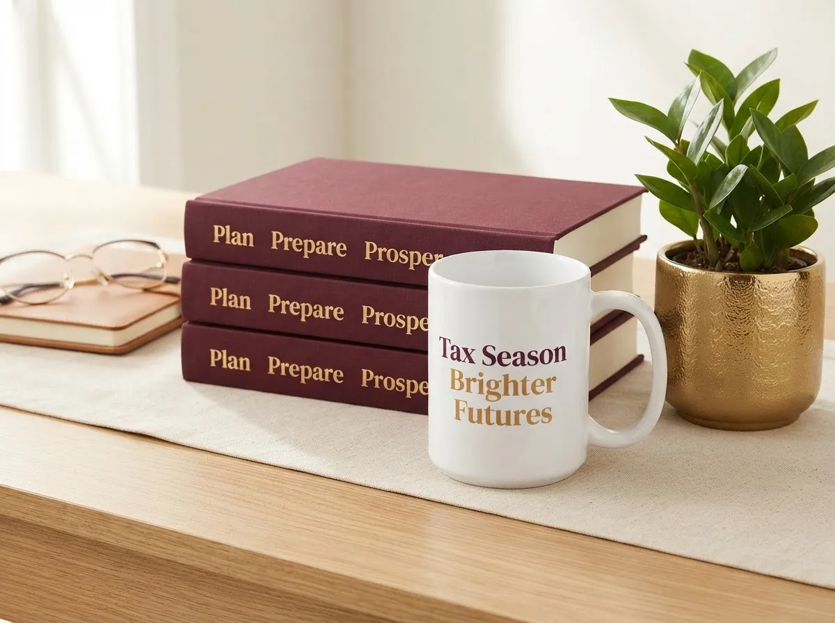 Graphic arrangement of maroon books titled 'Plan Prepare Prosper', a white mug reading 'Tax Season Brighter Futures', and a gold potted plant.