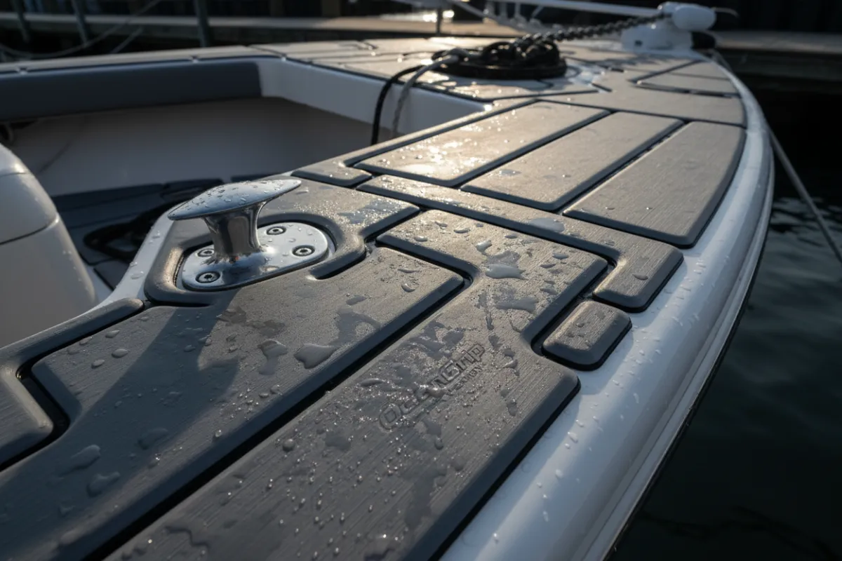 Angled bow area showing OceanGrip install near a bow cleat with wet sheen emphasizing traction and drainage.