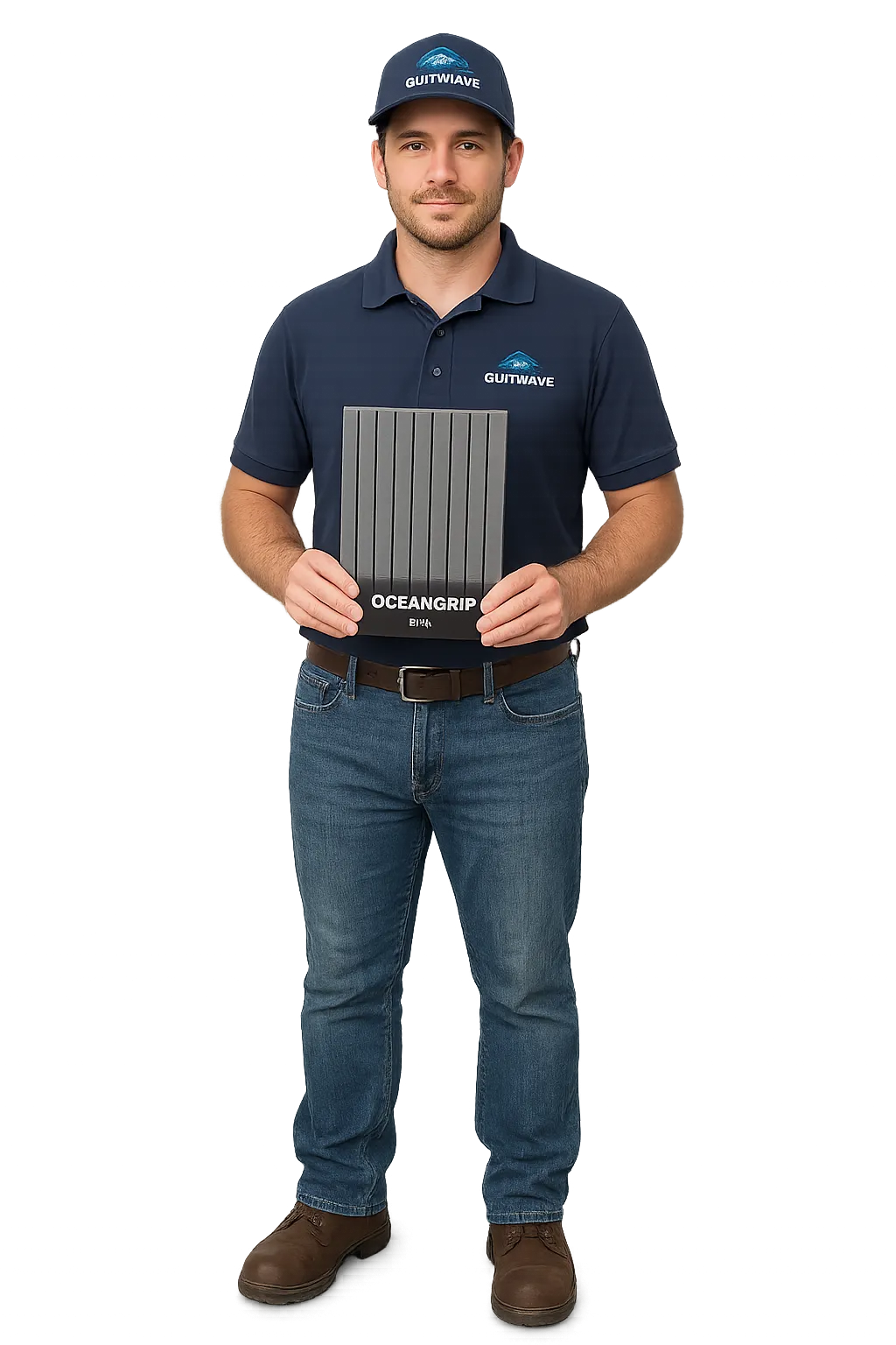 Installer holding OceanGrip EVA foam decking sample