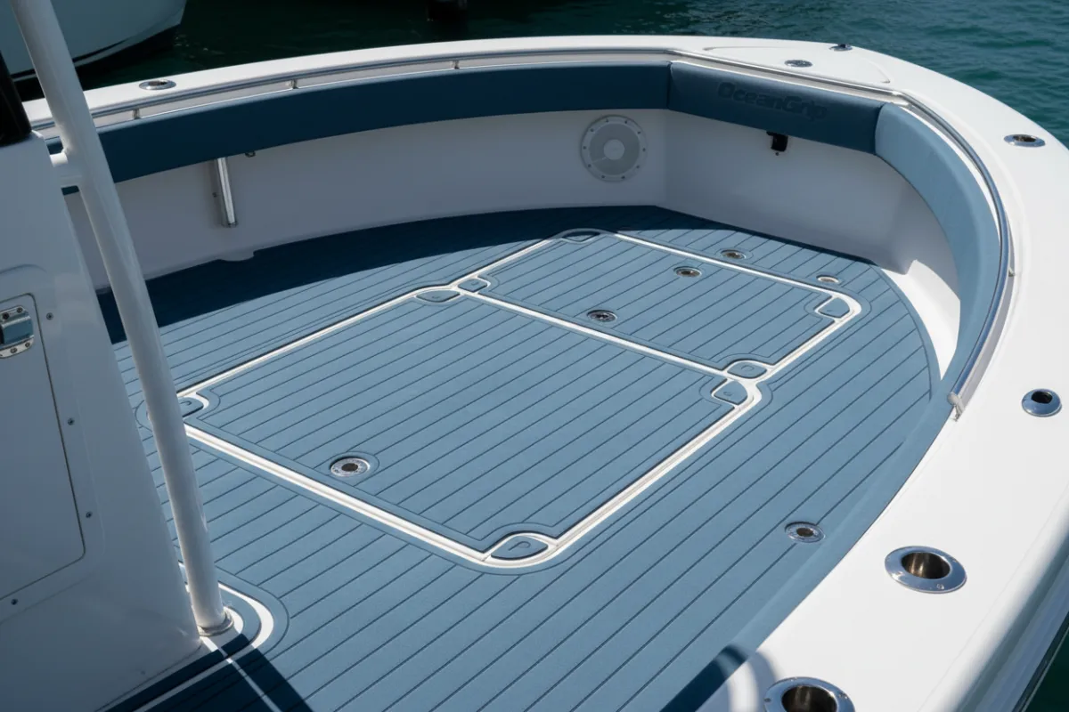 Installed OceanGrip EVA decking on a center-console boat cockpit deck with tidy hardware cutouts.