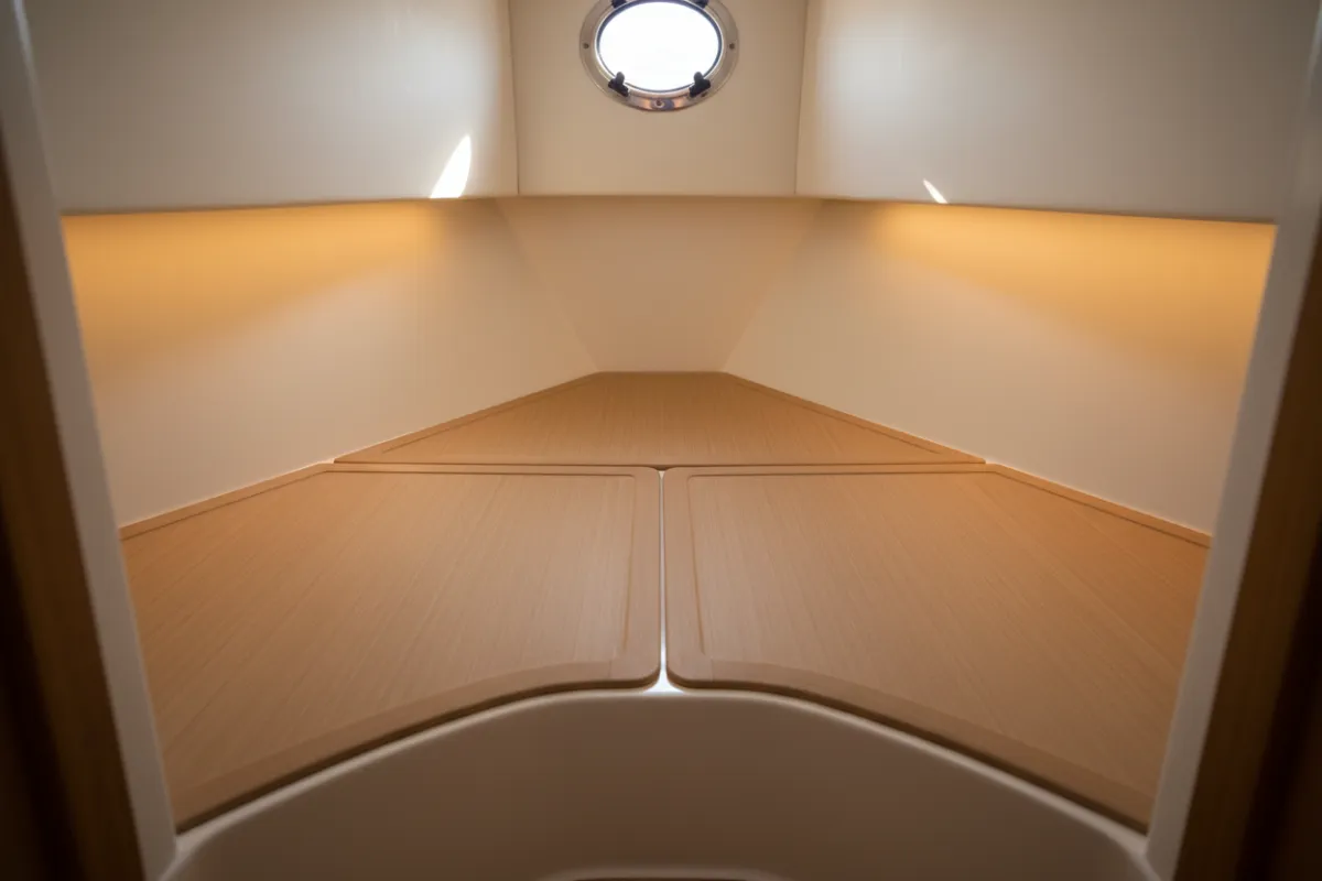 Interior cabin insert with rounded edge OceanGrip flooring showing color match and seam quality.