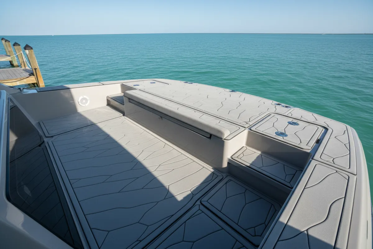 Dockside install of OceanGrip foam on a sunlit aft deck of a leisure cruiser showing full rear deck and boarding area.