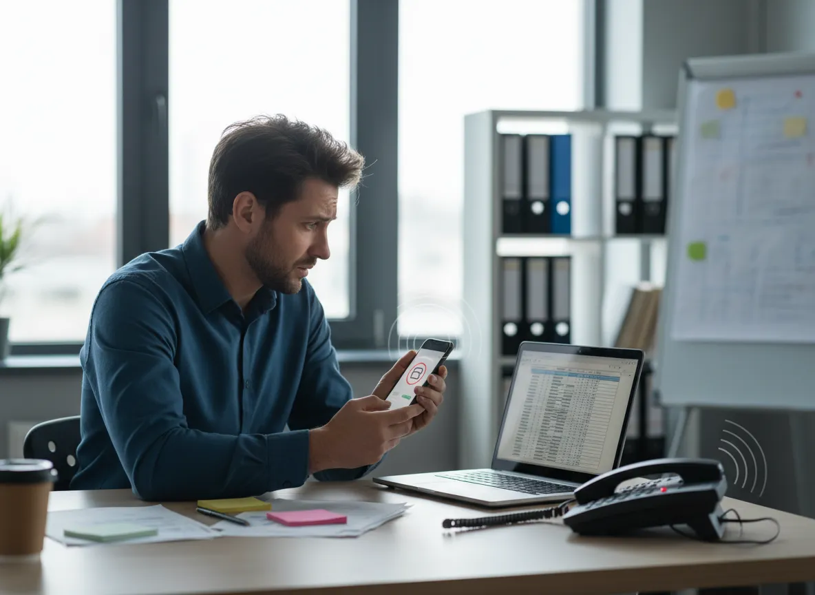 Frustrated business owner managing calls and messages